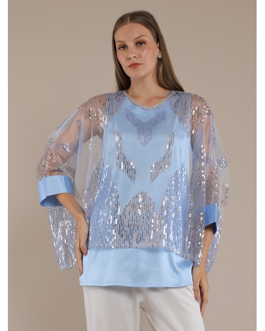 Baby Blue Geometric Sequin Kaftan Blouse