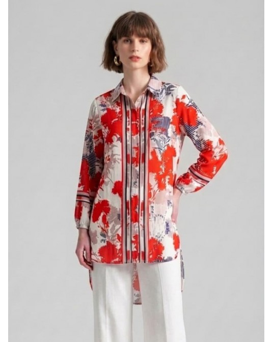 Paper Cut Red Flowers Tunic Shirt